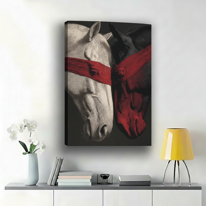 Horse Canvas Wall Art – White & Red Line Art Print on Black