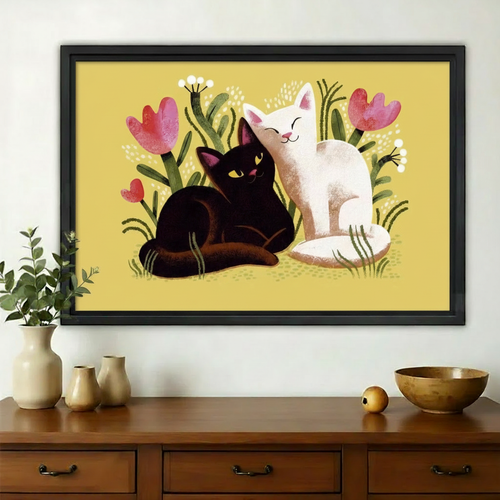 Black White Cats with Flowers Art Print – Whimsical Canvas Wall Decor