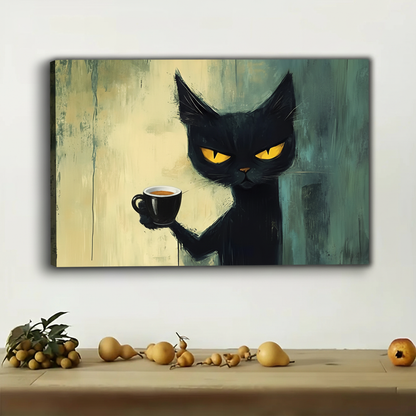 Black Cat with Espresso Cup Oil Painting – Moody Abstract Coffee Wall Art for Kitchen and Café