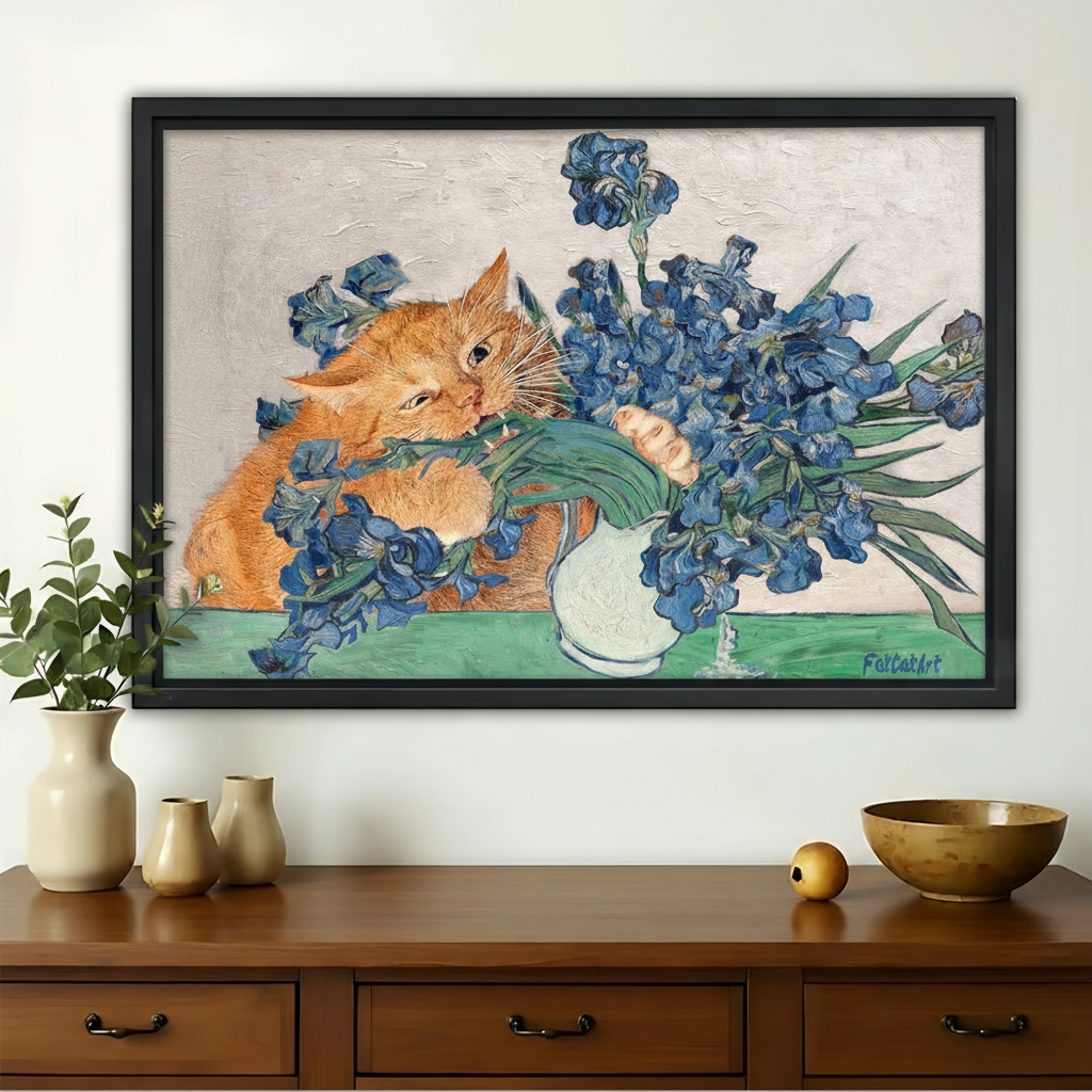 Orange Cat & Blue Iris Art Print – Van Gogh Style Canvas Wall Decor