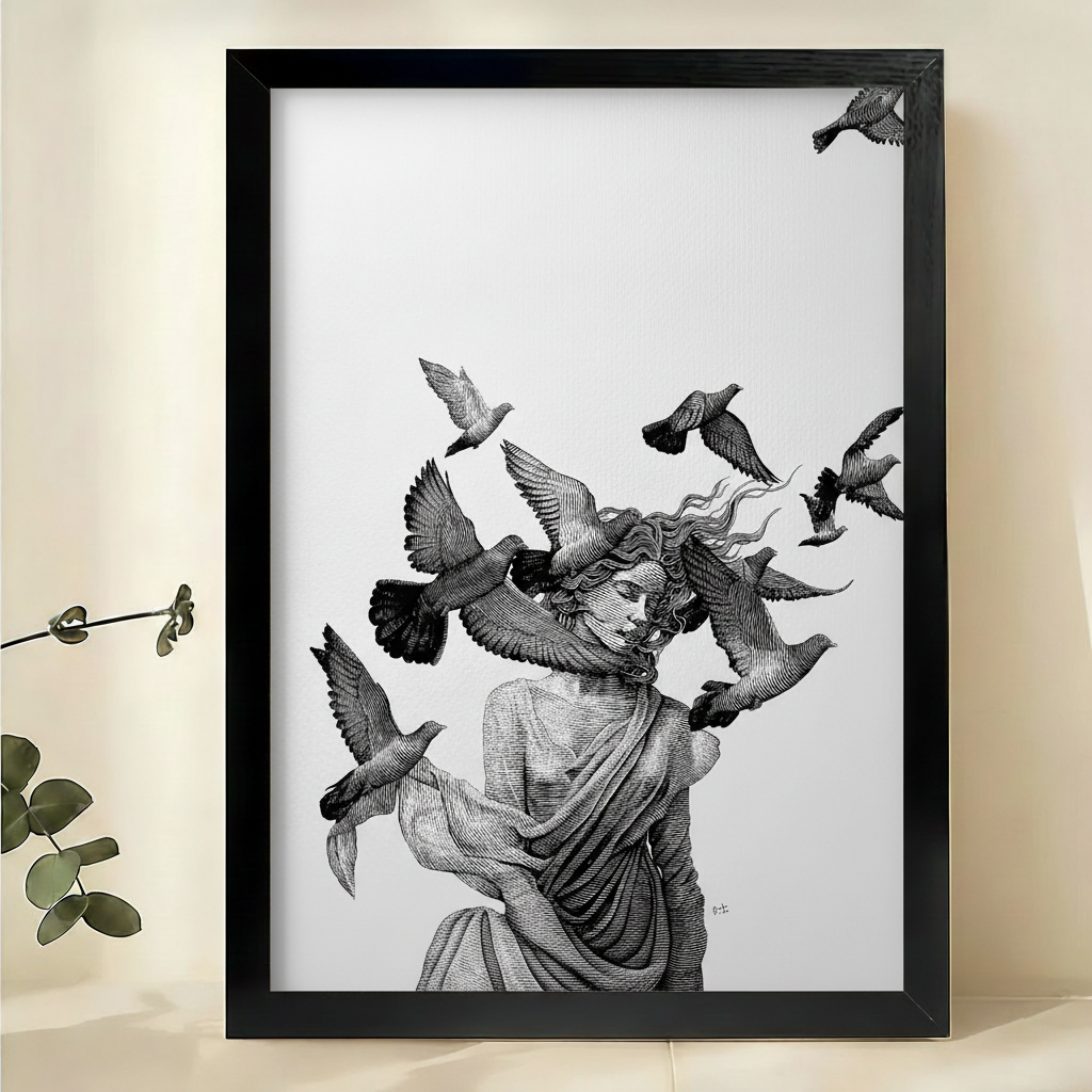 Woman with Birds Canvas Wall Art – Black & White Line Art Print