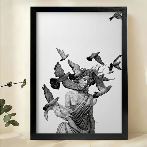 Woman with Birds Canvas Wall Art – Black & White Line Art Print