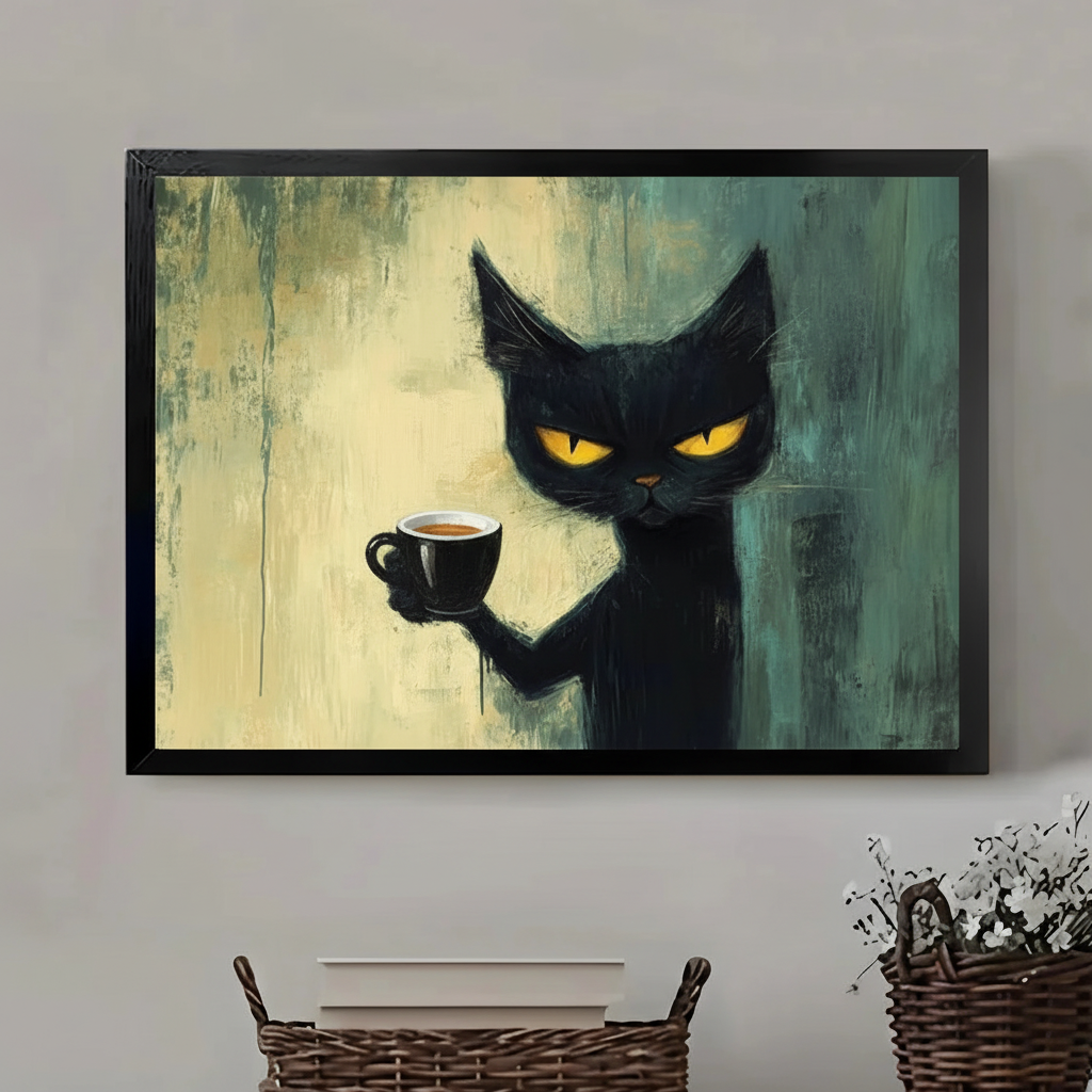 Black Cat with Espresso Cup Oil Painting – Moody Abstract Coffee Wall Art for Kitchen and Café