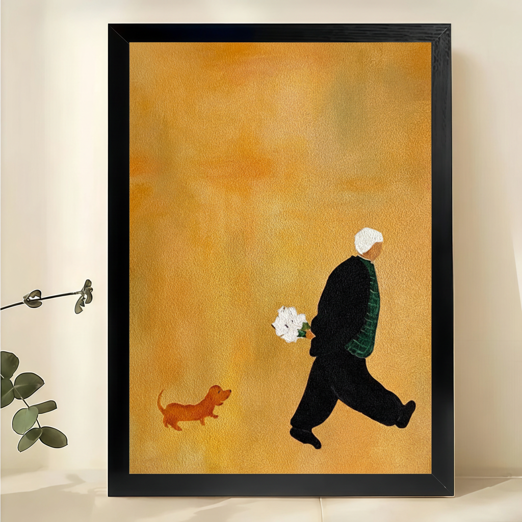 Walking with Dog Art Print – Golden Minimalist Dachshund & Flowers Canvas Wall Decor
