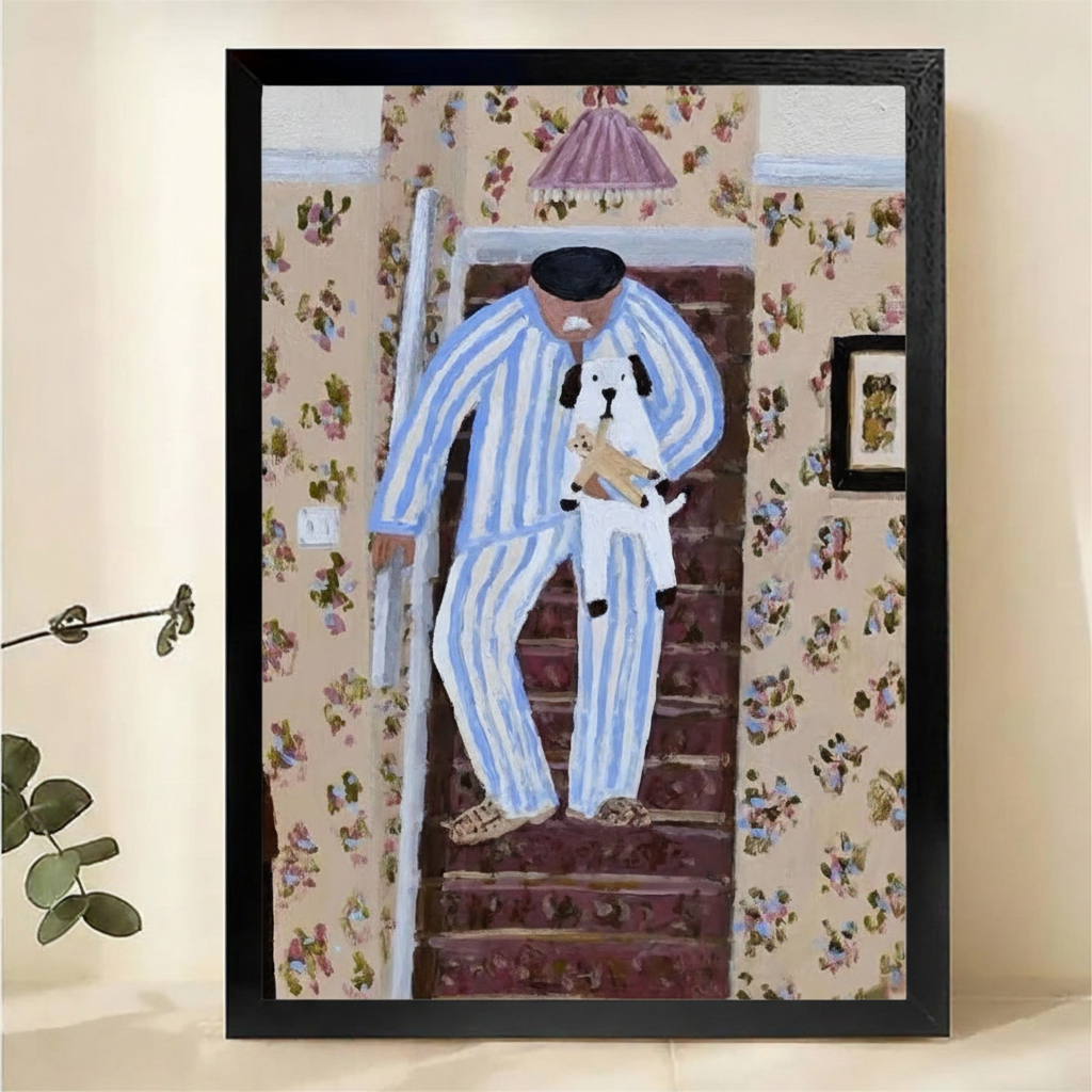 Person in Striped Pajamas with Dog Art Print – Framed Canvas Wall Decor