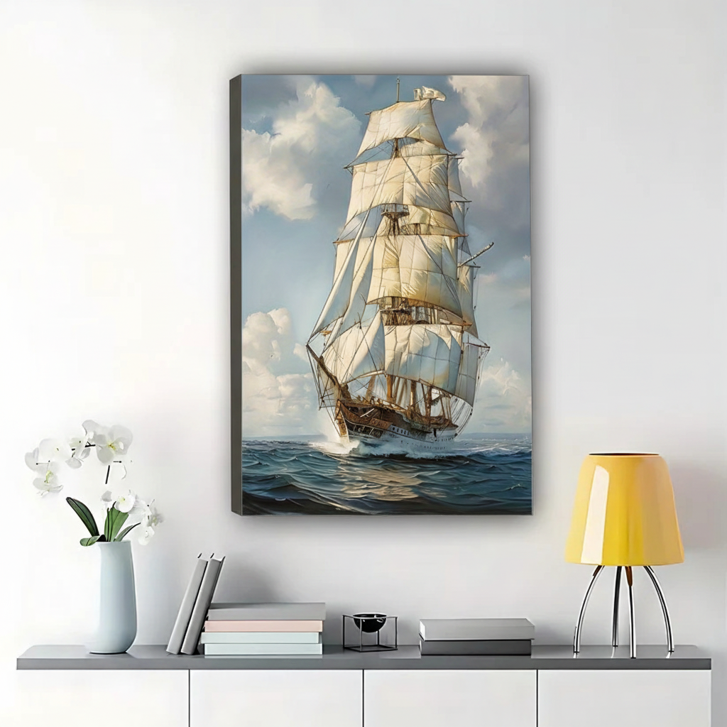 The Realistic Sailing Ship Seascape – Nautical Classic Wall Art on Natural Wood Canvas