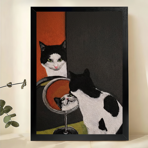 Tuxedo Cat Mirror Reflection Art Print – Whimsical Black White Cat Canvas Wall Decor
