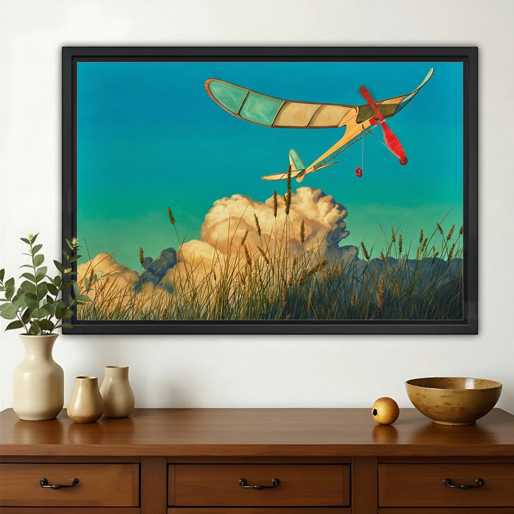 The Glider Over Grassland – Retro Whimsical Wall Art on Natural Wood Canvas