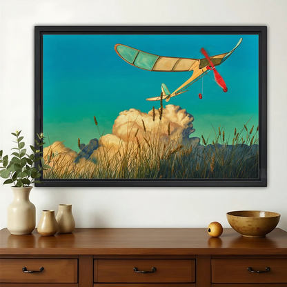 The Glider Over Grassland – Retro Whimsical Wall Art on Natural Wood Canvas
