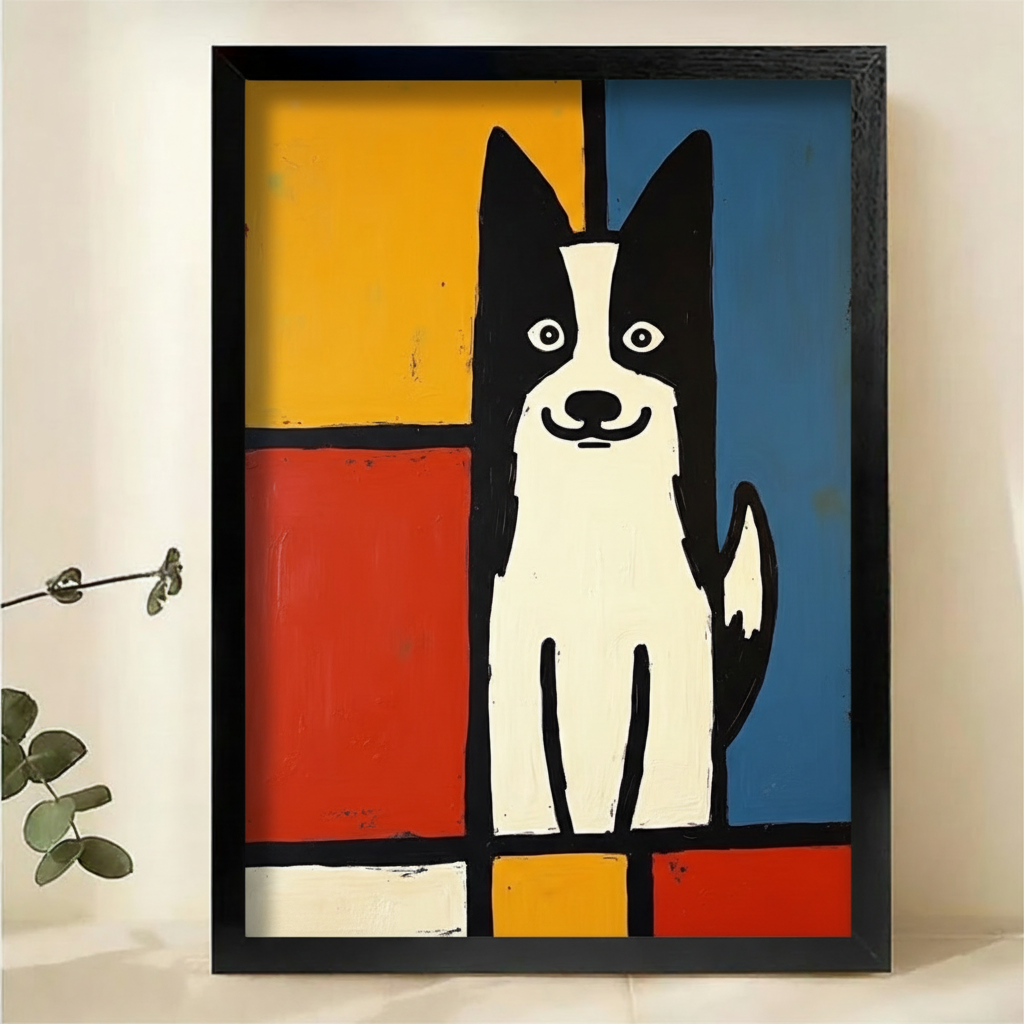 Mondrian Style Dog Art Print – Modern Geometric Canvas Wall Decor