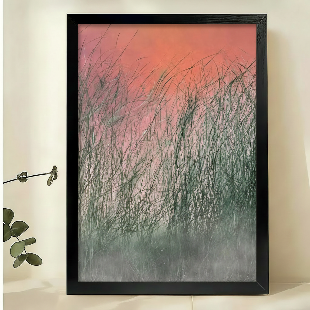 Sunset Reeds Art Print – Pink Orange Gradient Misty Grass Canvas Wall Decor