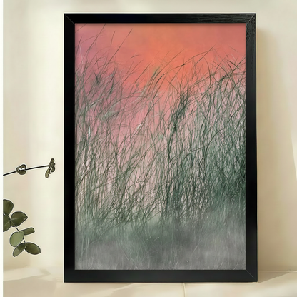 Sunset Reeds Art Print – Pink Orange Gradient Misty Grass Canvas Wall Decor