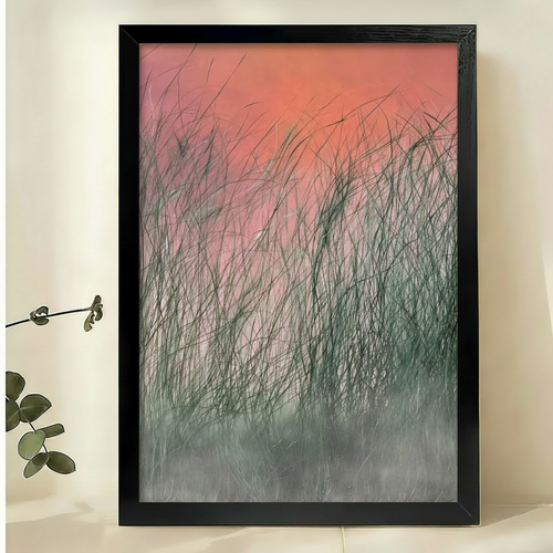 Sunset Reeds Art Print – Pink Orange Gradient Misty Grass Canvas Wall Decor