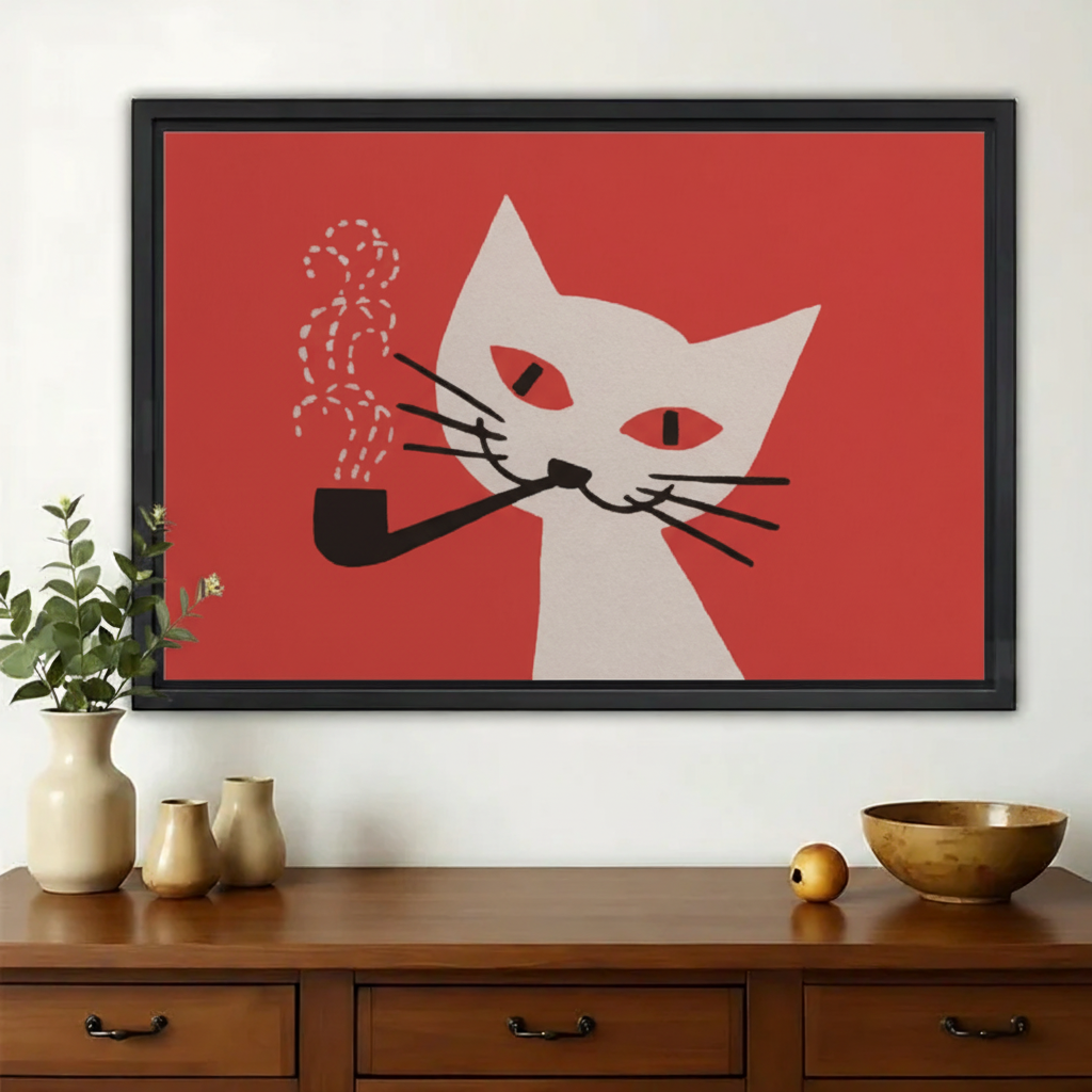 Smoking Black Cat – Retro Vintage Wall Art on Natural Wood Canvas