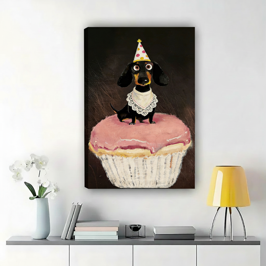 Dachshund Birthday Party Art Print – Whimsical Dog Canvas Wall Decor
