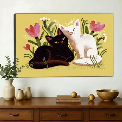 Black White Cats with Flowers Art Print – Whimsical Canvas Wall Decor