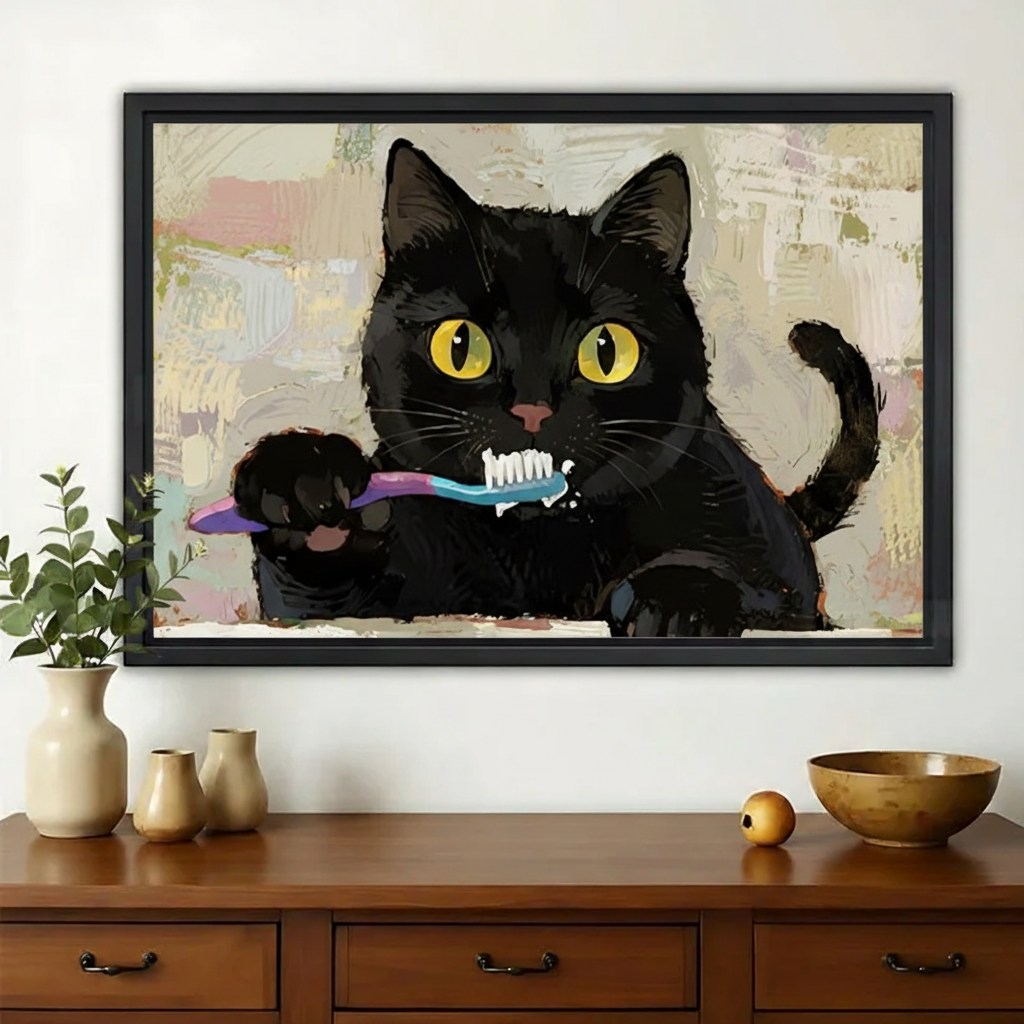 Black Cat Brushing Teeth – Humorous Bathroom Wall Art on Natural Wood Canvas
