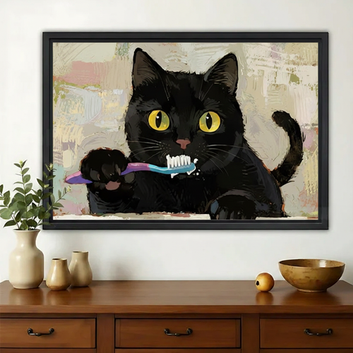 Black Cat Brushing Teeth – Humorous Bathroom Wall Art on Natural Wood Canvas