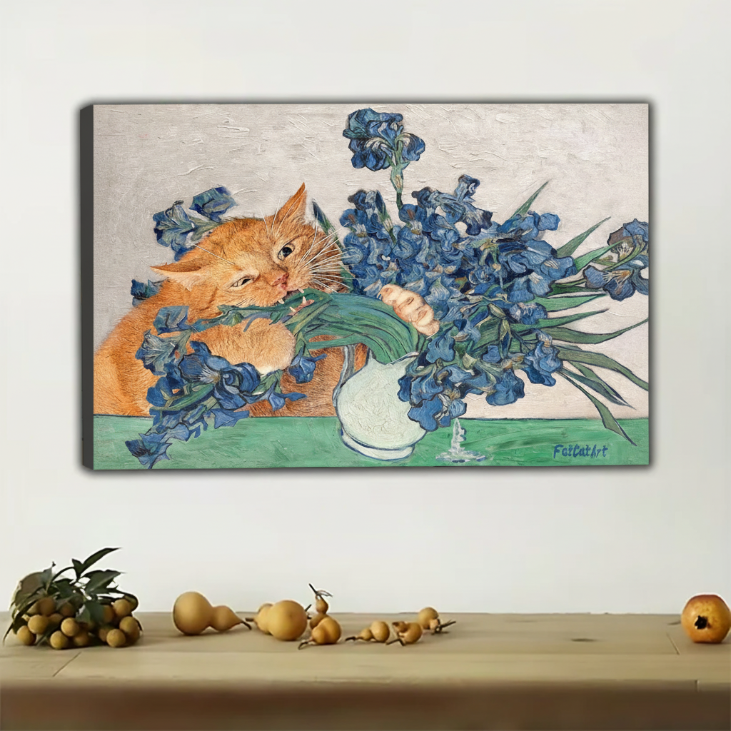 Orange Cat & Blue Iris Art Print – Van Gogh Style Canvas Wall Decor