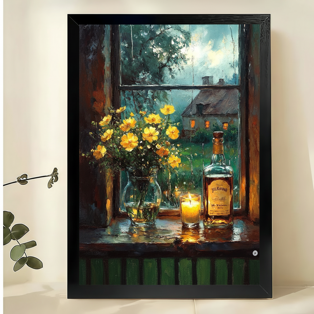 Cozy Windowsill Still Life Art Print – Yellow Flowers Whiskey Canvas Wall Decor