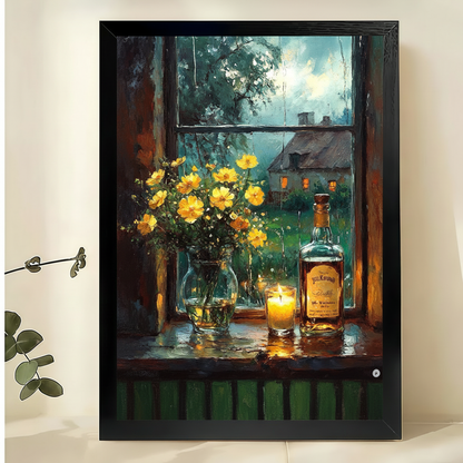 Cozy Windowsill Still Life Art Print – Yellow Flowers Whiskey Canvas Wall Decor