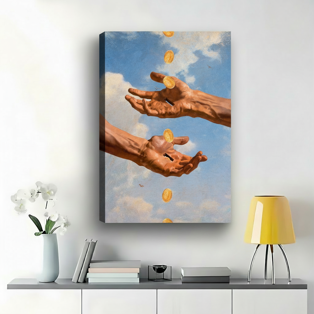 Catching Golden Coins Art Print – Prosperity Abundance Canvas Wall Decor