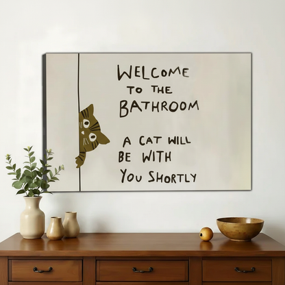 Welcome to the Bathroom Peeking Tabby Cat – Humorous Bathroom Wall Art on Natural Wood Canvas