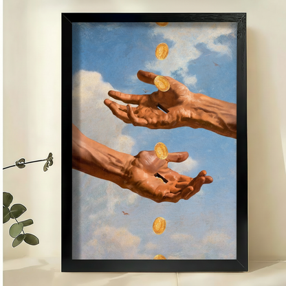 Catching Golden Coins Art Print – Prosperity Abundance Canvas Wall Decor