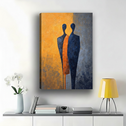 Abstract Figures Canvas Wall Art – Blue Silhouettes on Orange Gray