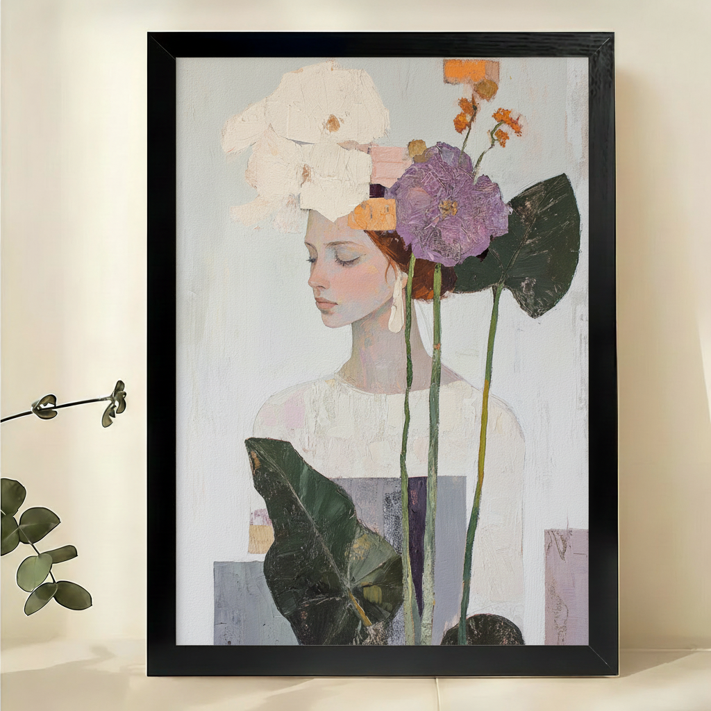 Floral Portrait Canvas Wall Art – Woman with Purple Flowers Impressionist Print