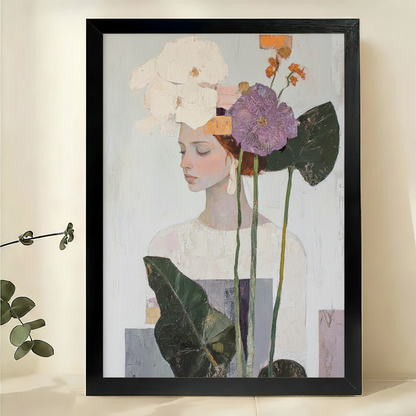 Floral Portrait Canvas Wall Art – Woman with Purple Flowers Impressionist Print