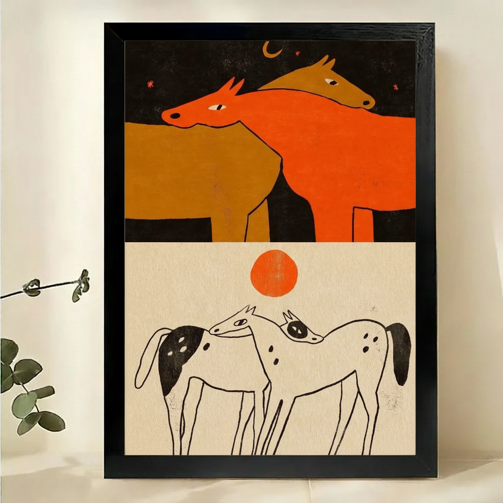 Horses Art Print – Day Night Dual Scene Canvas Wall Decor Framed