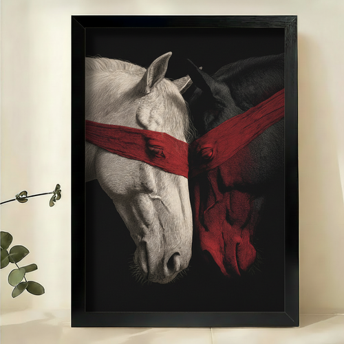 Horse Canvas Wall Art – White & Red Line Art Print on Black