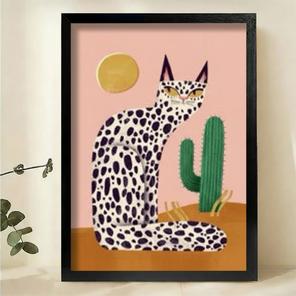 Leopard Print Cat & Cactus Art Print – Modern Boho Canvas Wall Decor