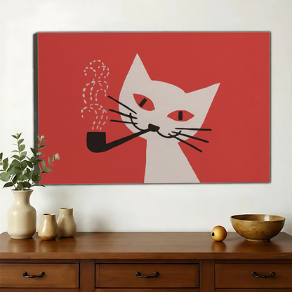 Smoking Black Cat – Retro Vintage Wall Art on Natural Wood Canvas