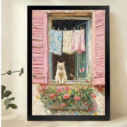 Cat in Window Art Print – Charming Laundry Day Pink Shutters Canvas Wall Decor