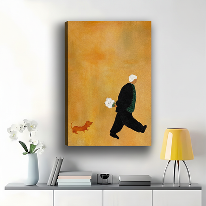 Walking with Dog Art Print – Golden Minimalist Dachshund & Flowers Canvas Wall Decor