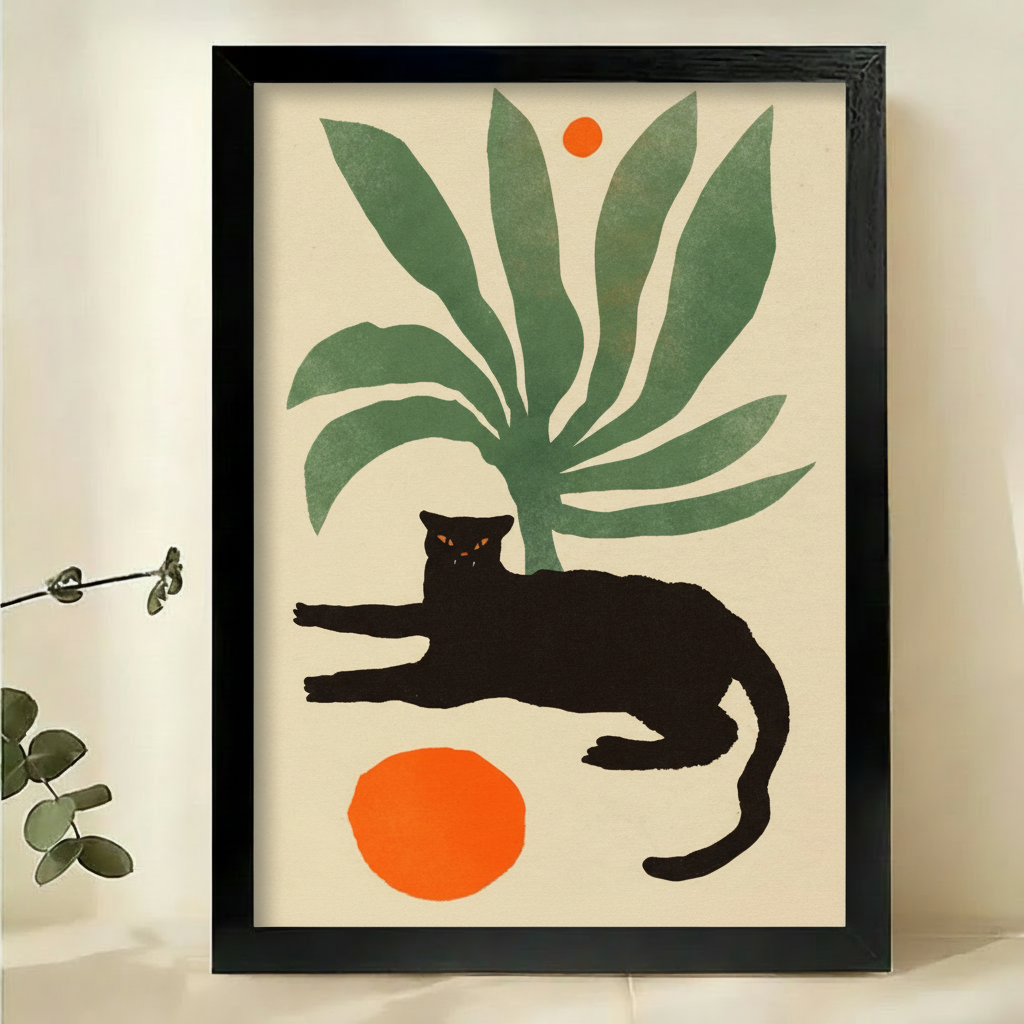 Black Cat Palm Leaf Art Print – Mid-Century Modern Canvas Wall Decor