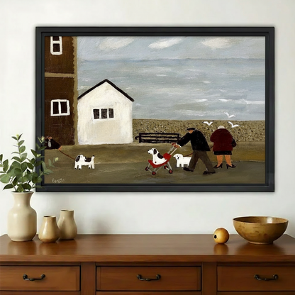 Coastal Dog Walk Art Print – Vintage Seaside Canvas Wall Decor