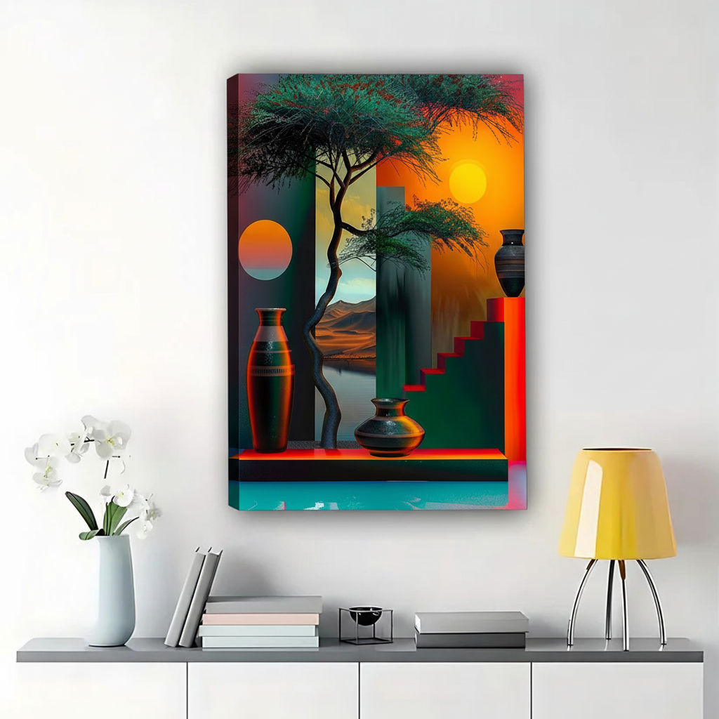 The Geometric Sunset Abstract – Modern Artistic Wall Art on Natural Wood Canvas