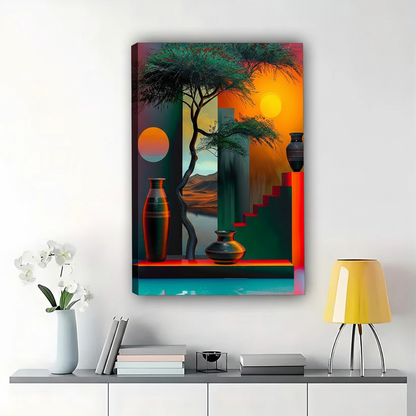 The Geometric Sunset Abstract – Modern Artistic Wall Art on Natural Wood Canvas