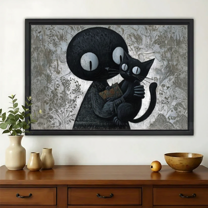 Big-Eyed Creature Hugging Black Cat – Whimsical Surreal Wall Art on Natural Wood Canvas