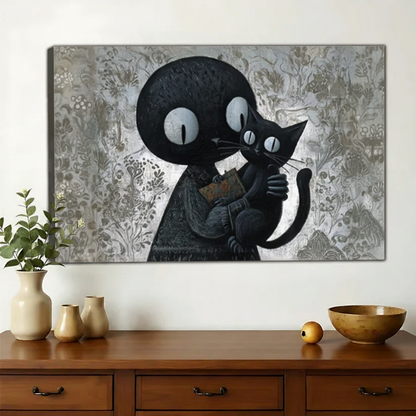 Big-Eyed Creature Hugging Black Cat – Whimsical Surreal Wall Art on Natural Wood Canvas