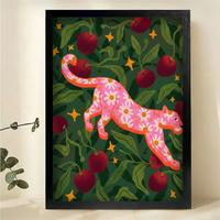 Pink Leopard Folk Art Print – Whimsical Apple Tree Canvas Wall Decor