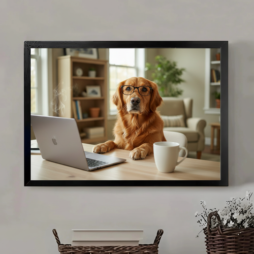 Golden Retriever in Glasses Working from Home Wall Art – Funny Dog Office Decor Print