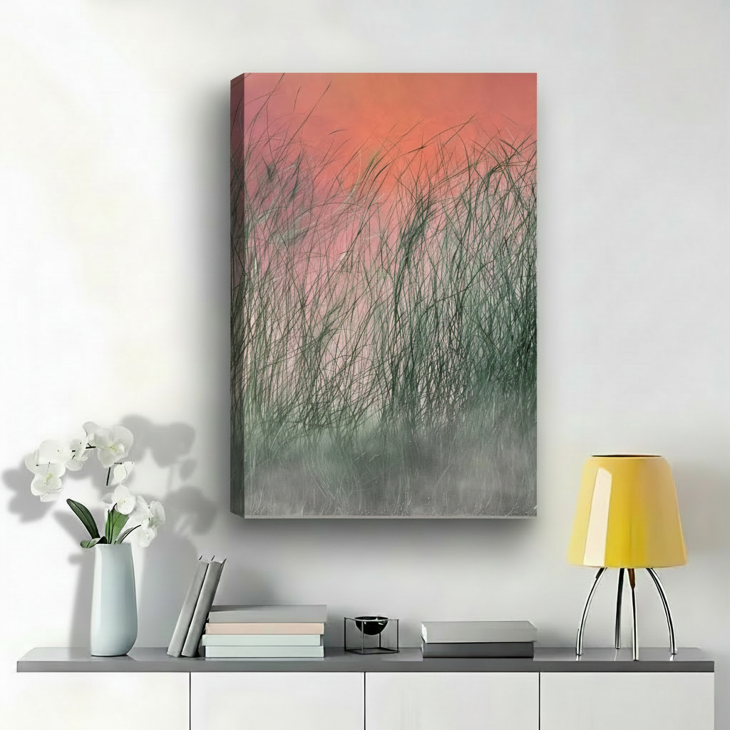Sunset Reeds Art Print – Pink Orange Gradient Misty Grass Canvas Wall Decor