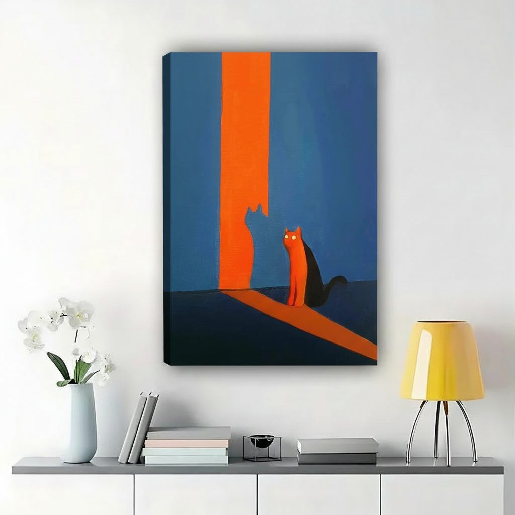 Modern Cat Silhouette Art Print – Minimalist Blue Orange Canvas Wall Decor