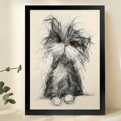 The Fluffy Sketch Cat – Whimsical Line Art Wall Art on Natural Wood Canvas