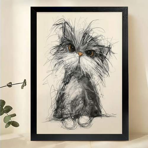 The Fluffy Sketch Cat – Whimsical Line Art Wall Art on Natural Wood Canvas