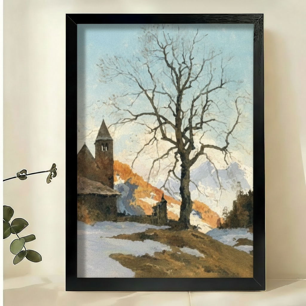 Winter Church Landscape Art Print – Snowy Village Bare Tree Canvas Wall Decor